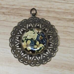 Antiqued Brass Round Filigree Floral Necklace Pendant Pansies Cottagecore